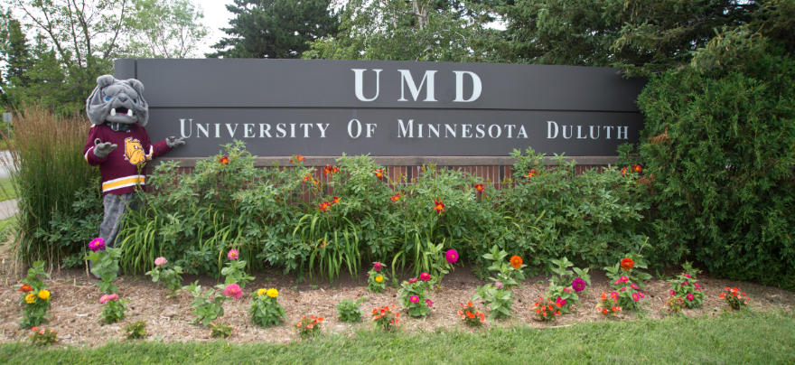 Champ posing in front of a sign reading UMD University fo Minnesota Dulut